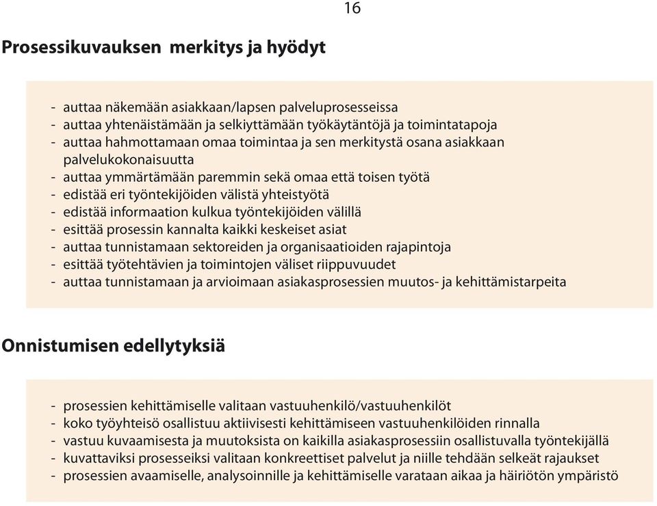 kulkua työntekijöiden välillä - esittää prosessin kannalta kaikki keskeiset asiat - auttaa tunnistamaan sektoreiden ja organisaatioiden rajapintoja - esittää työtehtävien ja toimintojen väliset