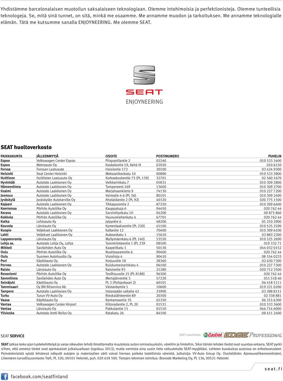 SEAT huoltoverkosto PAIKKAKUNTA JÄLLEENMYYJÄ OSOITE POSTINUMERO PUHELIN Espoo Volkswagen Center Espoo Piispantilantie 2 02240 010 533 3400 Espoo Metroauto Oy Koskelontie 19, Kehä III 02920 010 6150