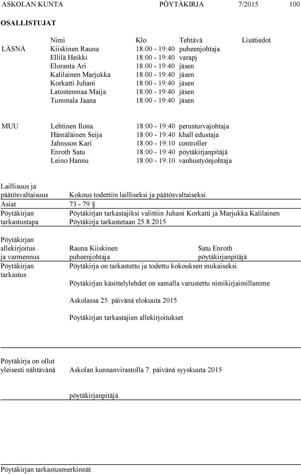 18:00-19:40 khall edustaja Jahnsson Kari 18:00-19:10 controller Enroth Satu 18:00-19:40 pöytäkirjanpitäjä Leino Hannu 18:00-19:10 vanhustyönjohtaja Laillisuus ja päätösvaltaisuus Kokous todettiin