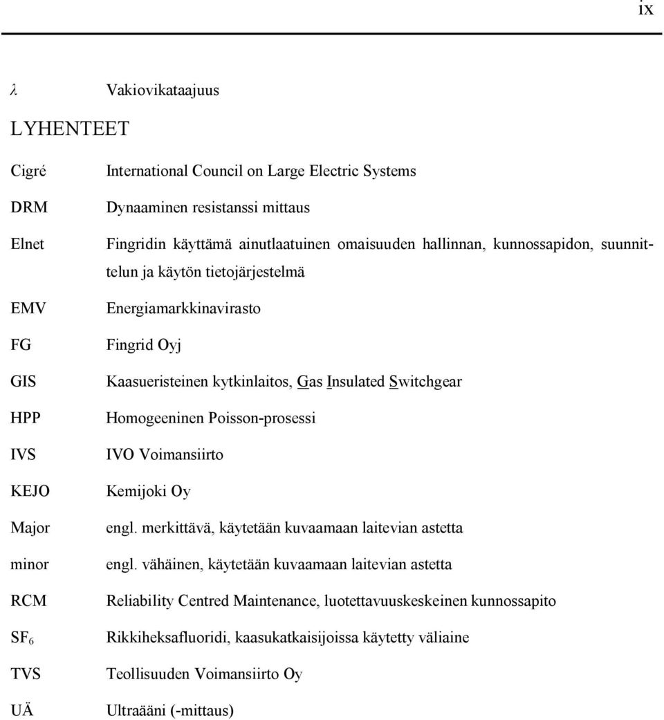 Insulated Switchgear Homogeeninen Poisson-prosessi IVO Voimansiirto Kemijoki Oy engl. merkittävä, käytetään kuvaamaan laitevian astetta engl.