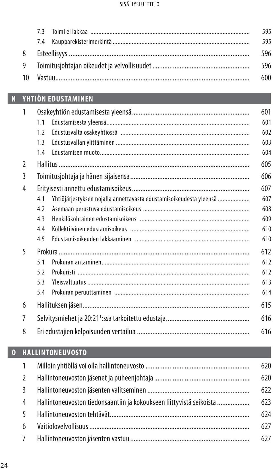 4 Edustamisen muoto... 604 2 Hallitus... 605 3 Toimitusjohtaja ja hänen sijaisensa... 606 4 Erityisesti annettu edustamisoikeus... 607 4.