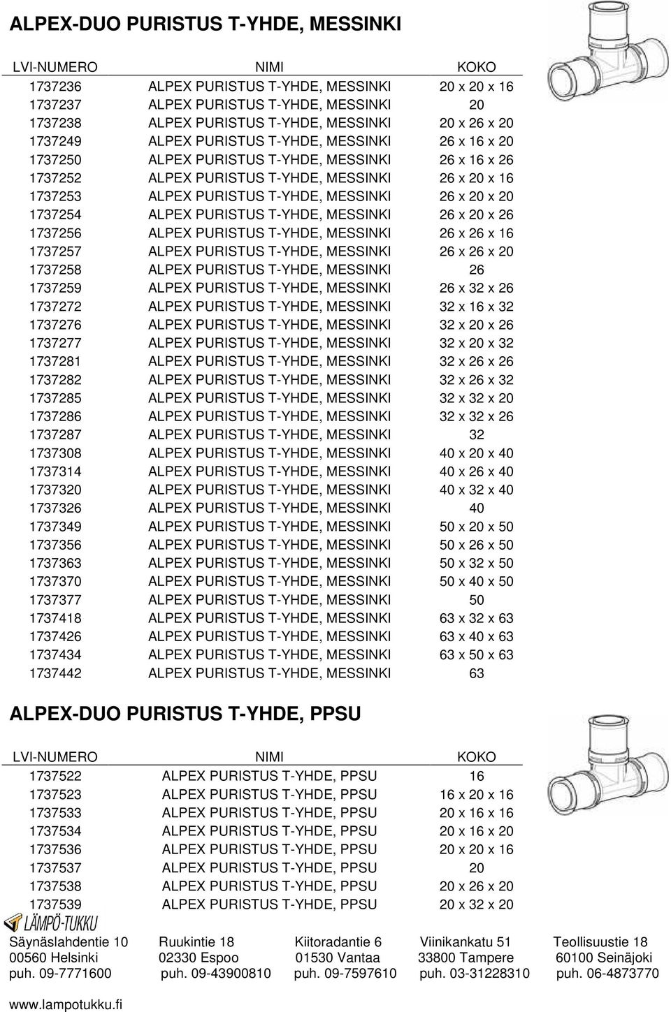 1737254 ALPEX PURISTUS T-YHDE, MESSINKI 26 x 20 x 26 1737256 ALPEX PURISTUS T-YHDE, MESSINKI 26 x 26 x 16 1737257 ALPEX PURISTUS T-YHDE, MESSINKI 26 x 26 x 20 1737258 ALPEX PURISTUS T-YHDE, MESSINKI