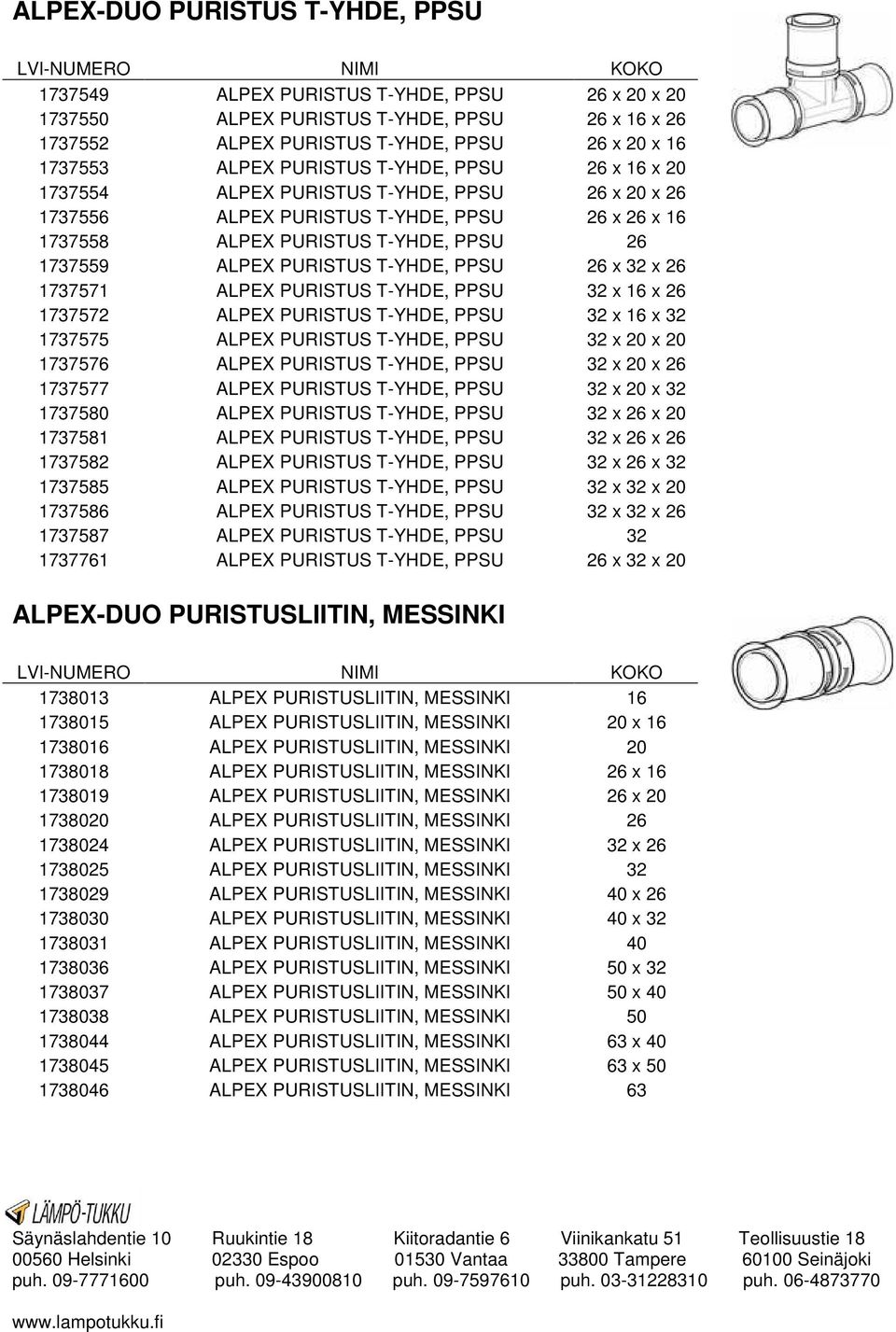 T-YHDE, PPSU 26 x 32 x 26 1737571 ALPEX PURISTUS T-YHDE, PPSU 32 x 16 x 26 1737572 ALPEX PURISTUS T-YHDE, PPSU 32 x 16 x 32 1737575 ALPEX PURISTUS T-YHDE, PPSU 32 x 20 x 20 1737576 ALPEX PURISTUS