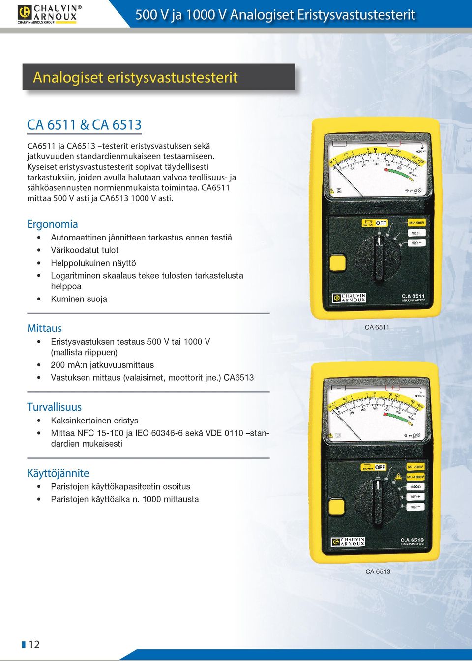 CA6511 mittaa 500 V asti ja CA6513 1000 V asti.