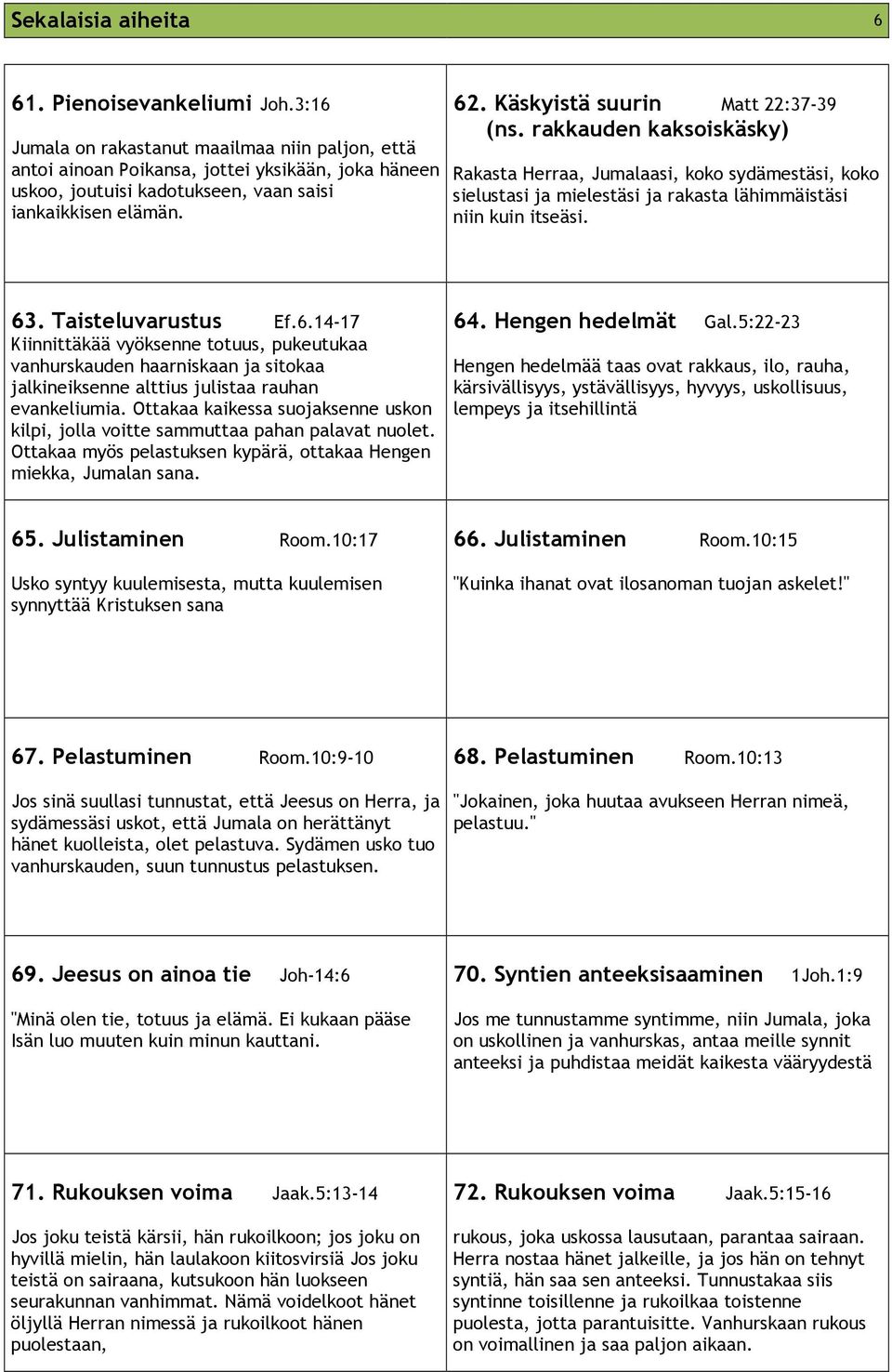 Käskyistä suurin Matt 22:37-39 (ns. rakkauden kaksoiskäsky) Rakasta Herraa, Jumalaasi, koko sydämestäsi, koko sielustasi ja mielestäsi ja rakasta lähimmäistäsi niin kuin itseäsi. 63.