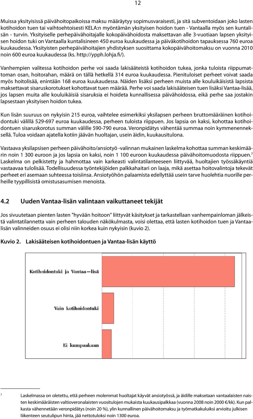 Yksityiselle perhepäivähoitajalle kokopäivähoidosta maksettavan alle 3-vuotiaan lapsen yksityisen hoidon tuki on Vantaalla kuntalisineen 450 euroa kuukaudessa ja päiväkotihoidon tapauksessa 760 euroa