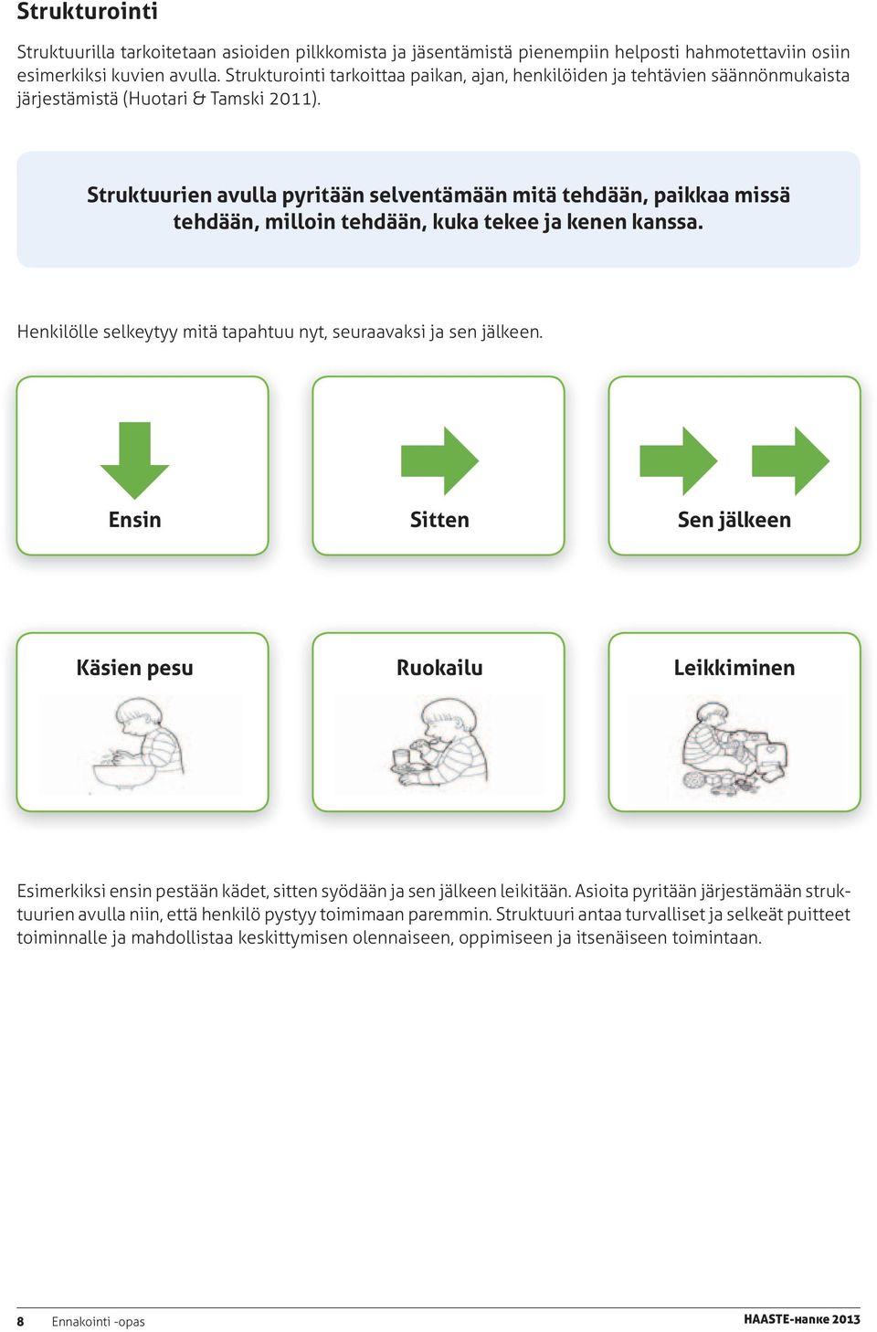 Struktuurien avulla pyritään selventämään mitä tehdään, paikkaa missä tehdään, milloin tehdään, kuka tekee ja kenen kanssa. Henkilölle selkeytyy mitä tapahtuu nyt, seuraavaksi ja sen jälkeen.