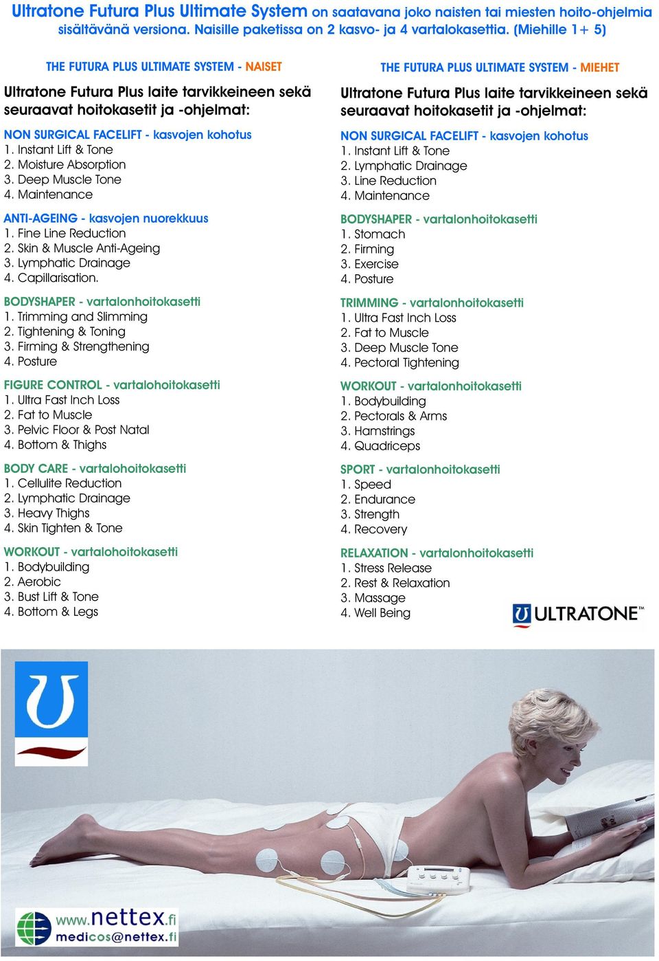 Instant Lift & Tone 2. Moisture Absorption 3. Deep Muscle Tone 4. Maintenance ANTI-AGEING - kasvojen nuorekkuus 1. Fine Line Reduction 2. Skin & Muscle Anti-Ageing 3. Lymphatic Drainage 4.