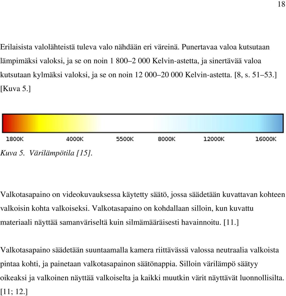 ] [Kuva 5.] Kuva 5. Värilämpötila [15]. Valkotasapaino on videokuvauksessa käytetty säätö, jossa säädetään kuvattavan kohteen valkoisin kohta valkoiseksi.