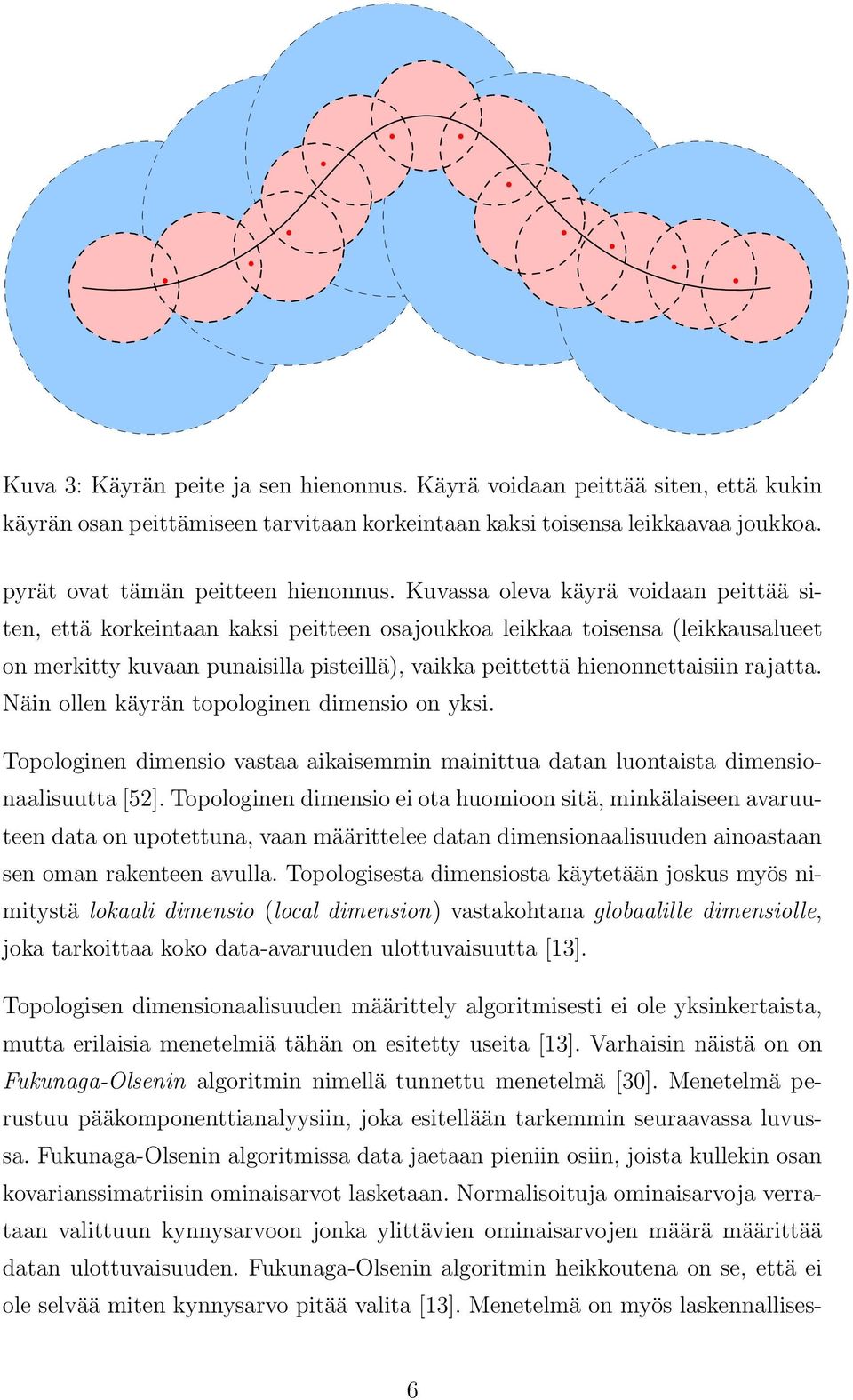 rajatta. Näin ollen käyrän topologinen dimensio on yksi. Topologinen dimensio vastaa aikaisemmin mainittua datan luontaista dimensionaalisuutta [5].