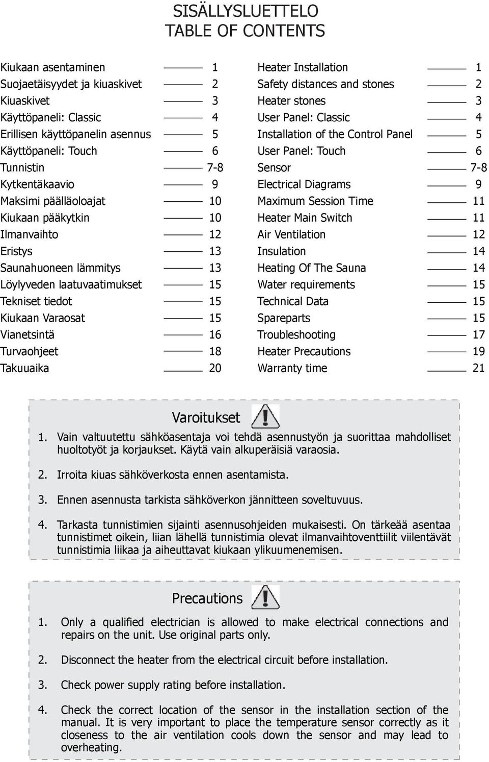 10 12 13 13 15 15 15 16 18 20 Heater Installation Safety distances and stones Heater stones User Panel: Classic Installation of the Control Panel User Panel: Touch Sensor Electrical Diagrams Maximum