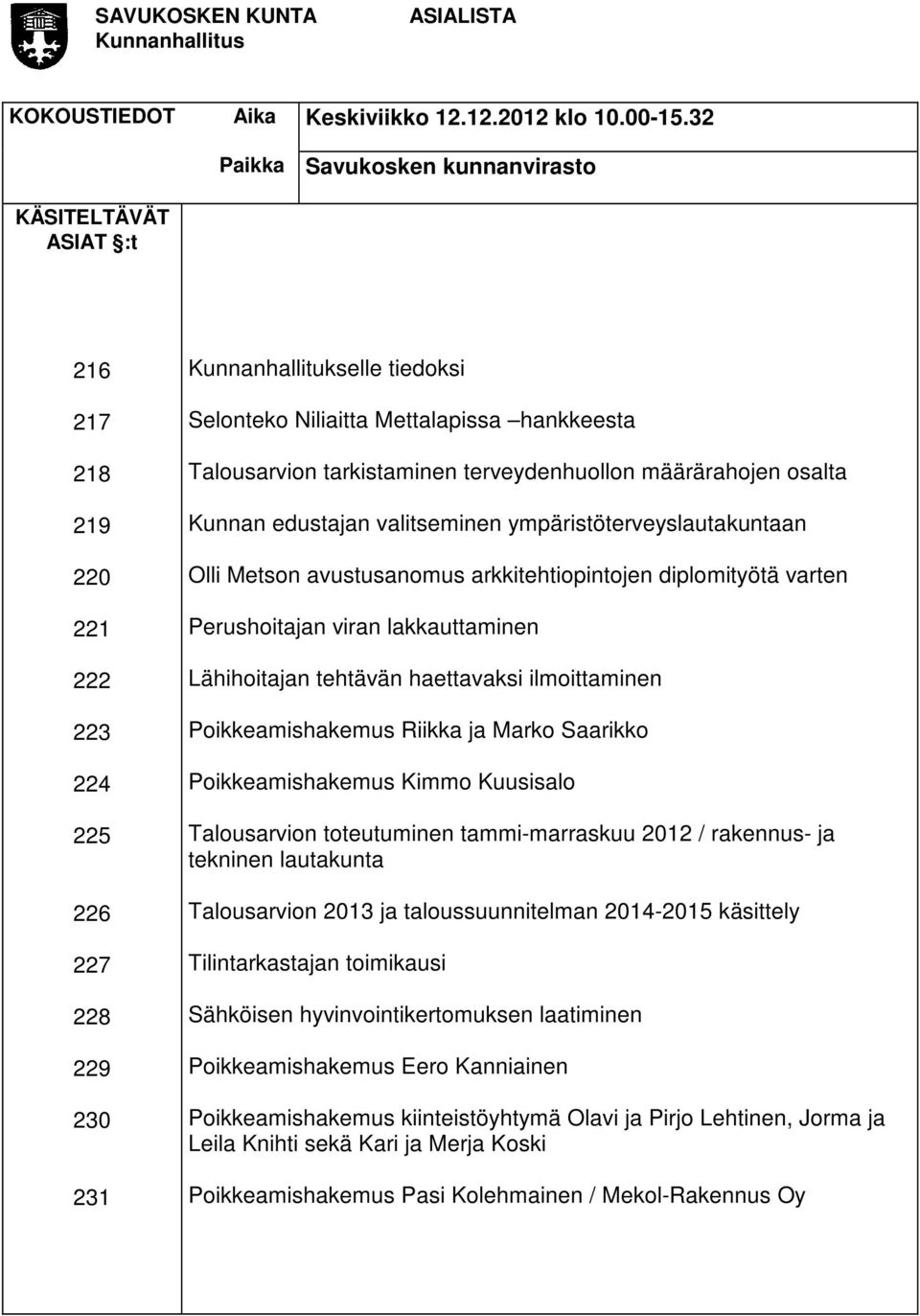 Talousarvion tarkistaminen terveydenhuollon määrärahojen osalta Kunnan edustajan valitseminen ympäristöterveyslautakuntaan Olli Metson avustusanomus arkkitehtiopintojen diplomityötä varten