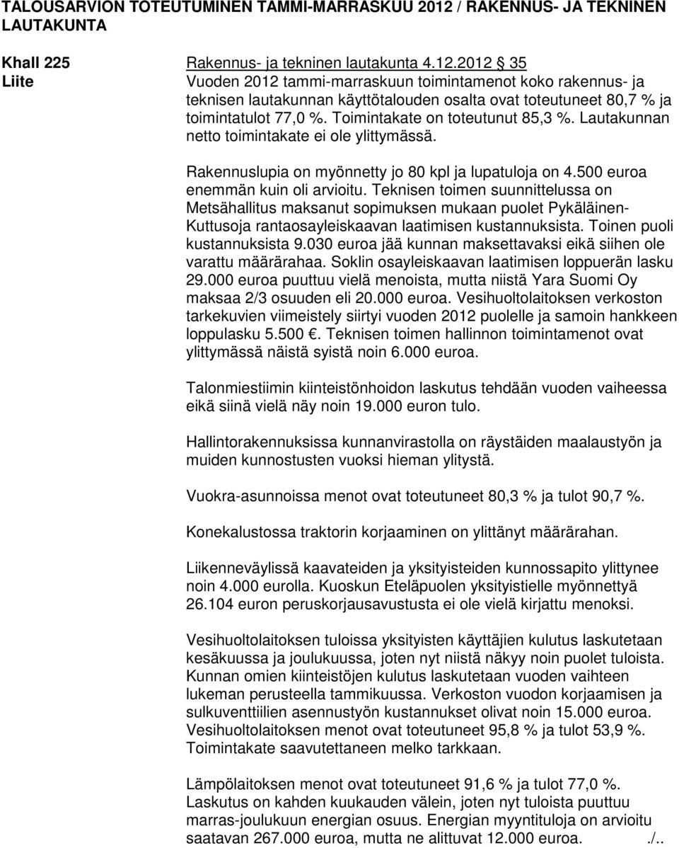 2012 35 Liite Vuoden 2012 tammi-marraskuun toimintamenot koko rakennus- ja teknisen lautakunnan käyttötalouden osalta ovat toteutuneet 80,7 % ja toimintatulot 77,0 %.