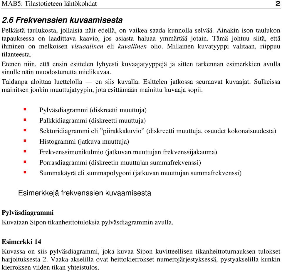 Millainen kuvatyyppi valitaan, riippuu tilanteesta. Etenen niin, että ensin esittelen lyhyesti kuvaajatyyppejä ja sitten tarkennan esimerkkien avulla sinulle näin muodostunutta mielikuvaa.