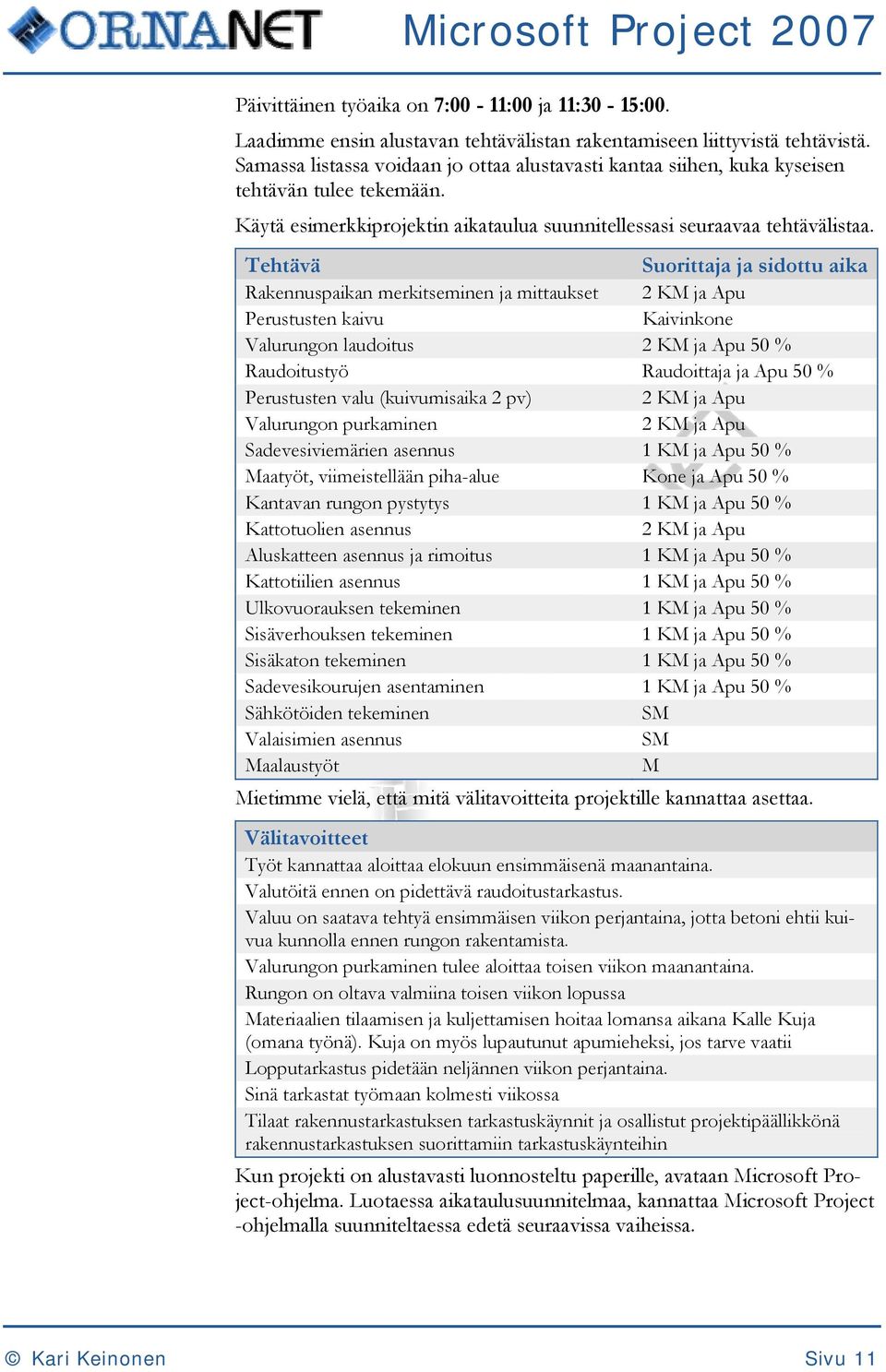 Tehtävä Suorittaja ja sidottu aika Rakennuspaikan merkitseminen ja mittaukset 2 KM ja Apu Perustusten kaivu Kaivinkone Valurungon laudoitus 2 KM ja Apu 50 % Raudoitustyö Raudoittaja ja Apu 50 %