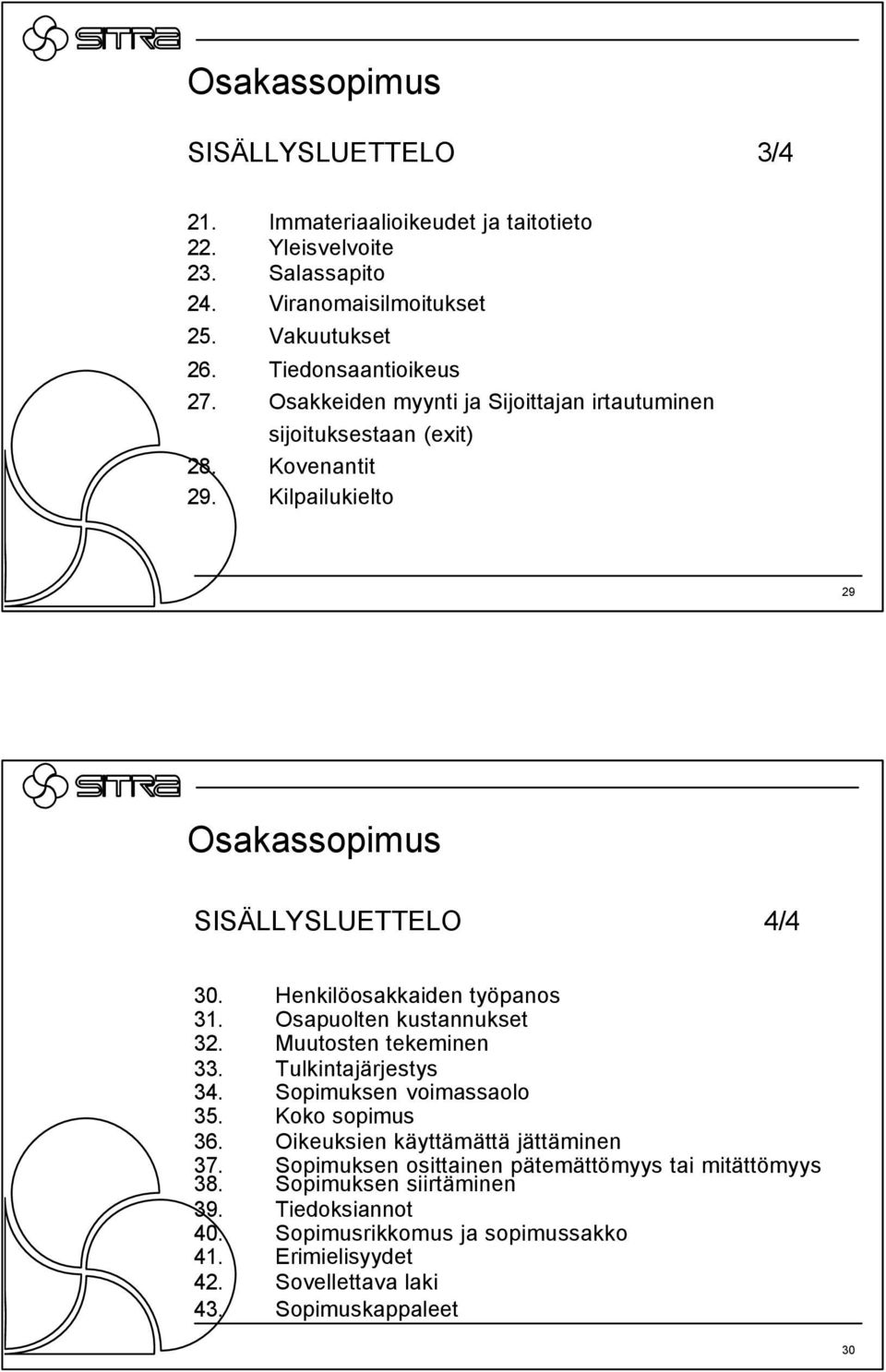 Osapuolten kustannukset 32. Muutosten tekeminen 33. Tulkintajärjestys 34. Sopimuksen voimassaolo 35. Koko sopimus 36. Oikeuksien käyttämättä jättäminen 37. 38.