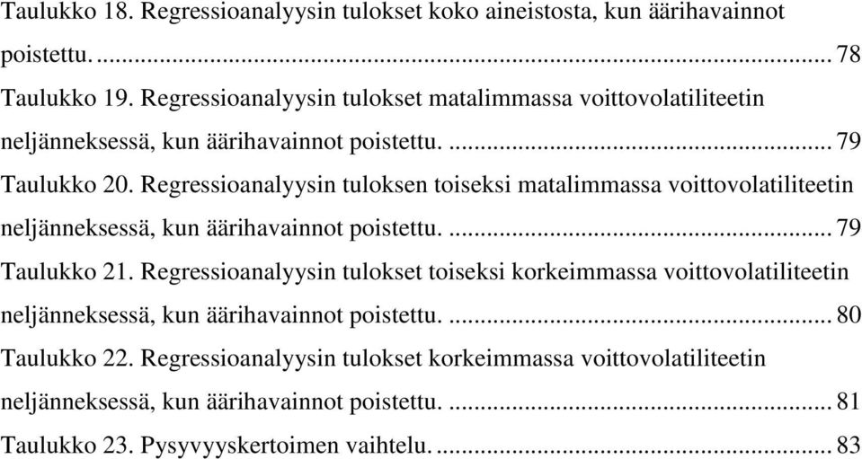 Regressioanalyysin tuloksen toiseksi matalimmassa voittovolatiliteetin neljänneksessä, kun äärihavainnot poistettu.... 79 Taulukko 21.