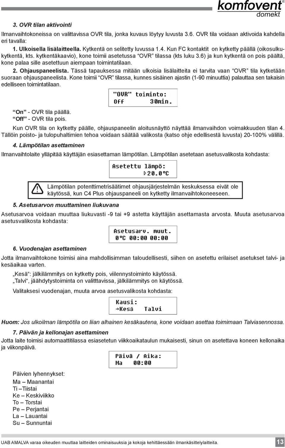 6) ja kun kytkentä on pois päältä, kone palaa sille asetettuun aiempaan toimintatilaan. 2. Ohjauspaneelista.