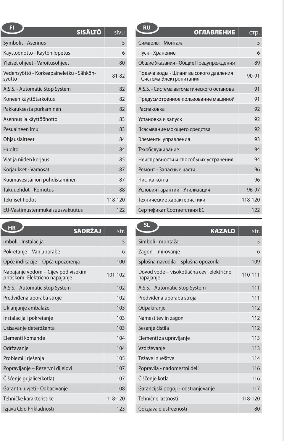 puhdistaminen 87 Takuuehdot - Romutus 88 Tekniset tiedot 118-120 EU-Vaatimustenmukaisuusvakuutus 122 HR SADRŽAJ str.