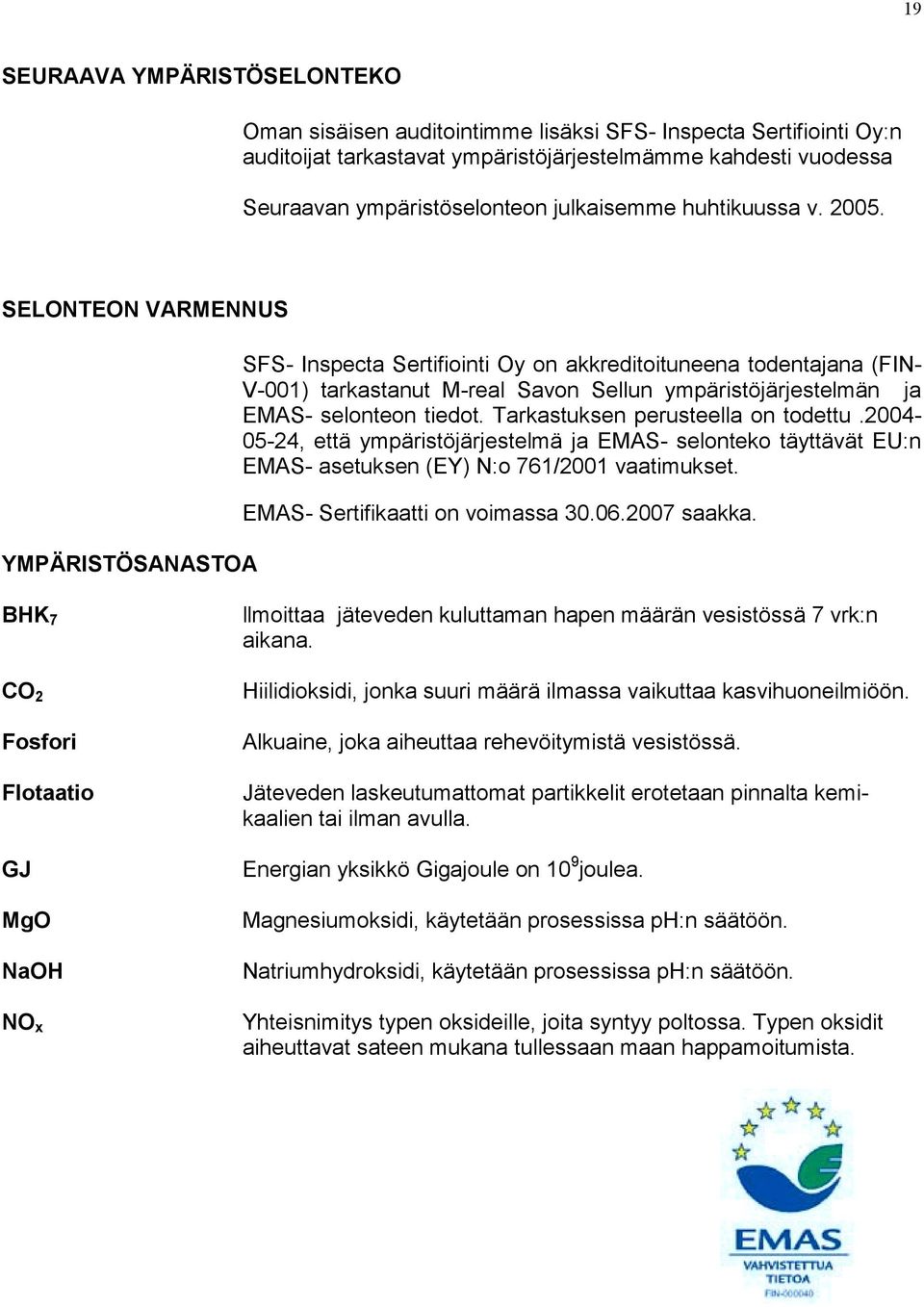 SELONTEON VARMENNUS YMPÄRISTÖSANASTOA SFS- Inspecta Sertifiointi Oy on akkreditoituneena todentajana (FIN- V-1) tarkastanut M-real Savon Sellun ympäristöjärjestelmän ja EMAS- selonteon tiedot.