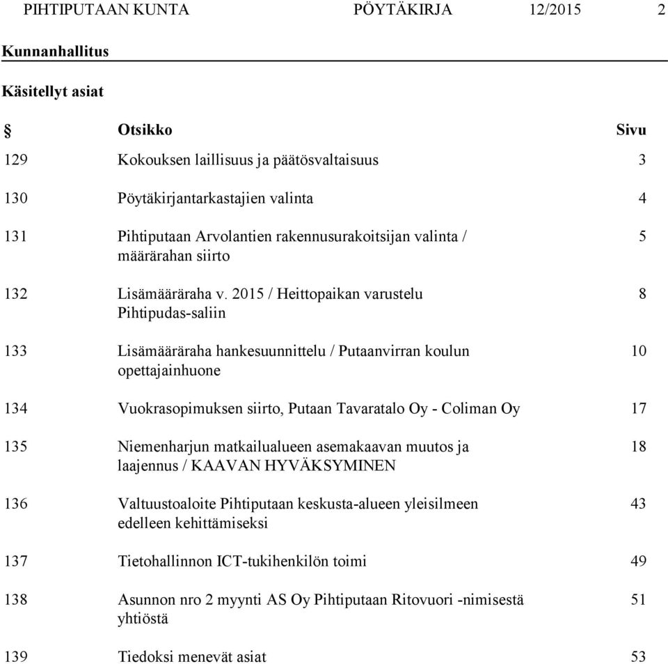 2015 / Heittopaikan varustelu Pihtipudas saliin 133 Lisämääräraha hankesuunnittelu / Putaanvirran koulun opettajainhuone 5 8 10 134 Vuokrasopimuksen siirto, Putaan Tavaratalo Oy Coliman Oy 17 135