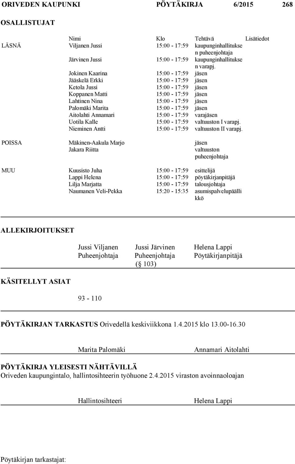 Jokinen Kaarina 15:00-17:59 jäsen Jääskelä Erkki 15:00-17:59 jäsen Ketola Jussi 15:00-17:59 jäsen Koppanen Matti 15:00-17:59 jäsen Lahtinen Nina 15:00-17:59 jäsen Palomäki Marita 15:00-17:59 jäsen