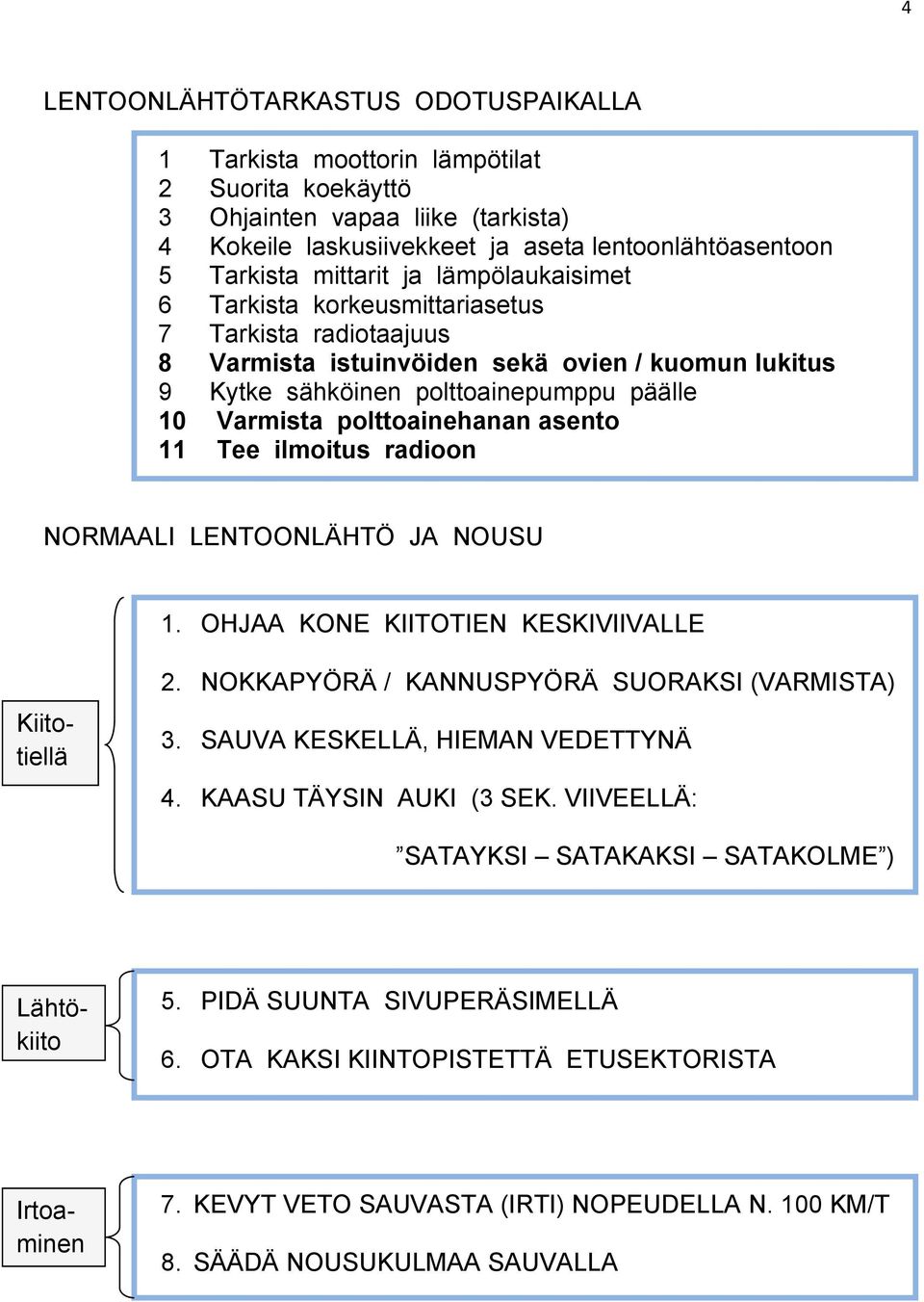 polttoainehanan asento 11 Tee ilmoitus radioon NORMAALI LENTOONLÄHTÖ JA NOUSU 1. OHJAA KONE KIITOTIEN KESKIVIIVALLE 2. NOKKAPYÖRÄ / KANNUSPYÖRÄ SUORAKSI (VARMISTA) 3.