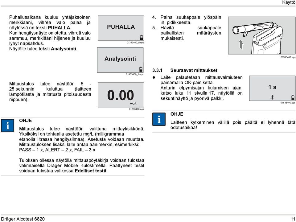 eps Mittaustulos tulee näyttöön 5-25 sekunnin kuluttua (laitteen lämpötilasta ja mitatusta pitoisuudesta riippuen). 01433