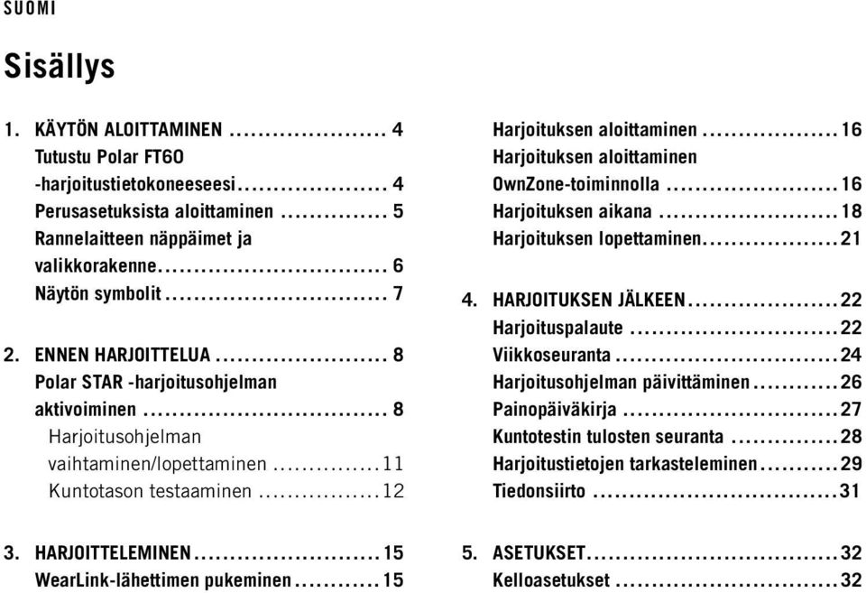 .. 16 Harjoituksen aloittaminen OwnZone-toiminnolla... 16 Harjoituksen aikana... 18 Harjoituksen lopettaminen... 21 4. HARJOITUKSEN JÄLKEEN... 22 Harjoituspalaute... 22 Viikkoseuranta.