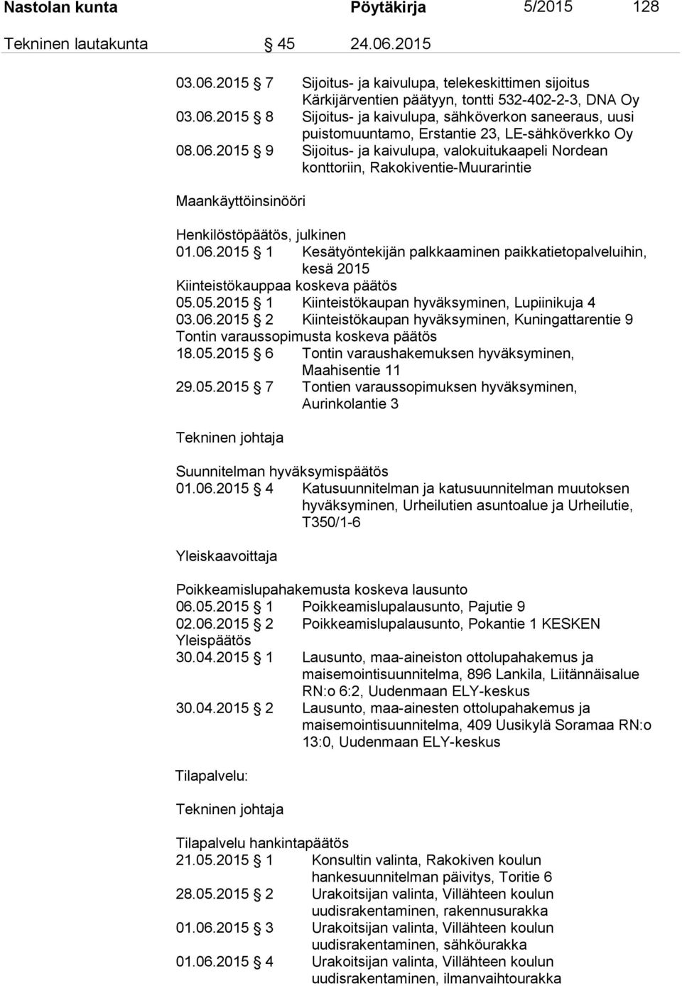 05.2015 1 Kiinteistökaupan hyväksyminen, Lupiinikuja 4 03.06.2015 2 Kiinteistökaupan hyväksyminen, Kuningattarentie 9 Tontin varaussopimusta koskeva päätös 18.05.2015 6 Tontin varaushakemuksen hyväksyminen, Maahisentie 11 29.