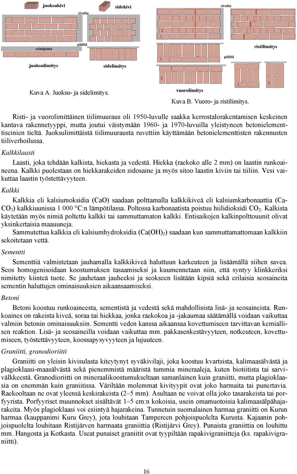 betonielementtiseinien tieltä. Juoksulimittäistä tiilimuurausta ruvettiin käyttämään betonielementtisten rakennusten tiiliverhoilussa. Kalkkilaasti Laasti, joka tehdään kalkista, hiekasta ja vedestä.