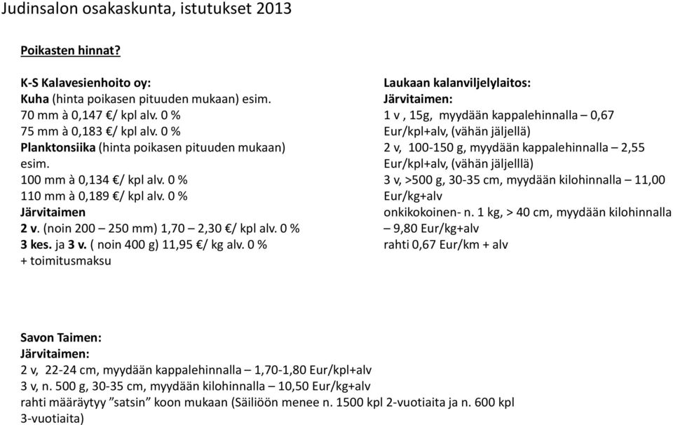 0 % + toimitusmaksu Laukaan kalanviljelylaitos: Järvitaimen: 1 v, 15g, myydään kappalehinnalla 0,67 Eur/kpl+alv, (vähän jäljellä) 2 v, 100-150 g, myydään kappalehinnalla 2,55 Eur/kpl+alv, (vähän