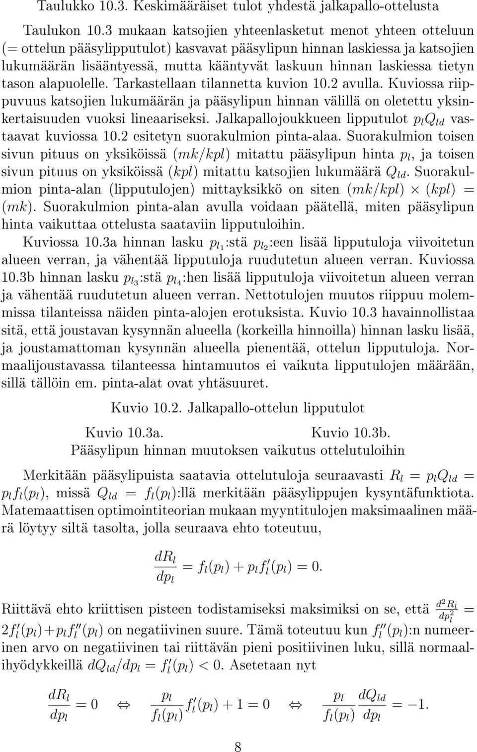 tietyn tason alapuolelle. Tarkastellaan tilannetta kuvion 10.2 avulla. Kuviossa riippuvuus katsojien lukumäärän ja pääsylipun hinnan välillä on oletettu yksinkertaisuuden vuoksi lineaariseksi.