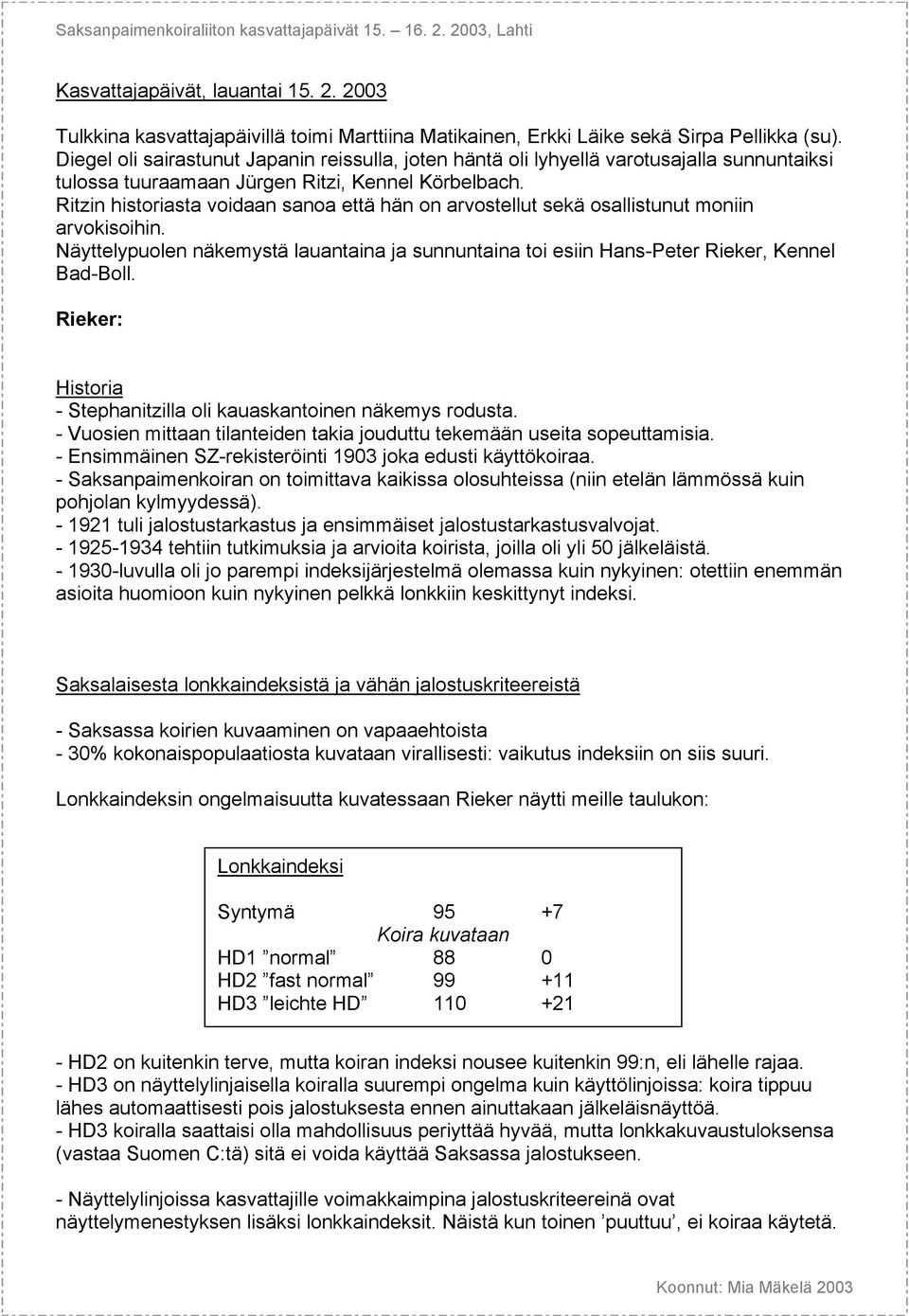 Ritzin historiasta voidaan sanoa että hän on arvostellut sekä osallistunut moniin arvokisoihin. Näyttelypuolen näkemystä lauantaina ja sunnuntaina toi esiin Hans-Peter Rieker, Kennel Bad-Boll.