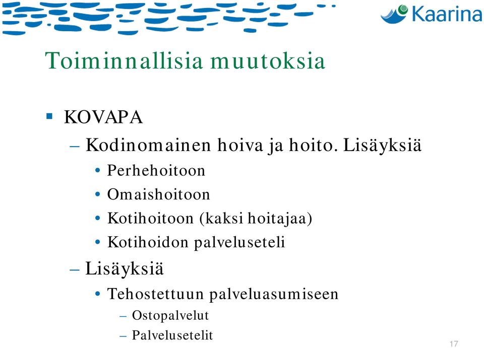 Lisäyksiä Perhehoitoon Omaishoitoon Kotihoitoon (kaksi