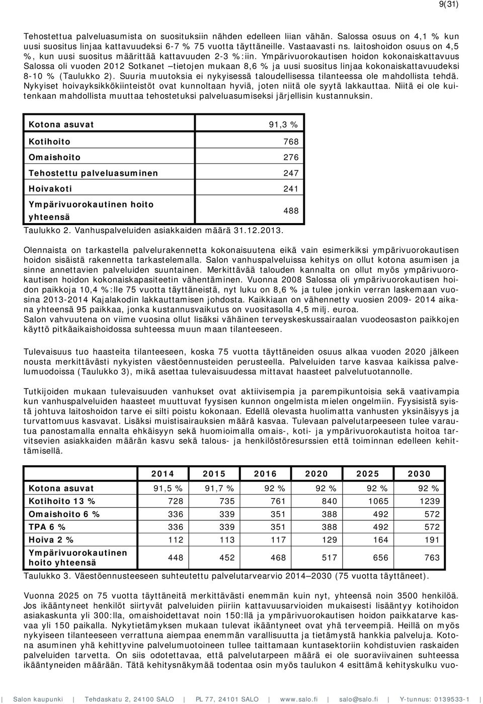Ympärivuorokautisen hoidon kokonaiskattavuus Salossa oli vuoden 2012 Sotkanet tietojen mukaan 8,6 % ja uusi suositus linjaa kokonaiskattavuudeksi 8-10 % (Taulukko 2).