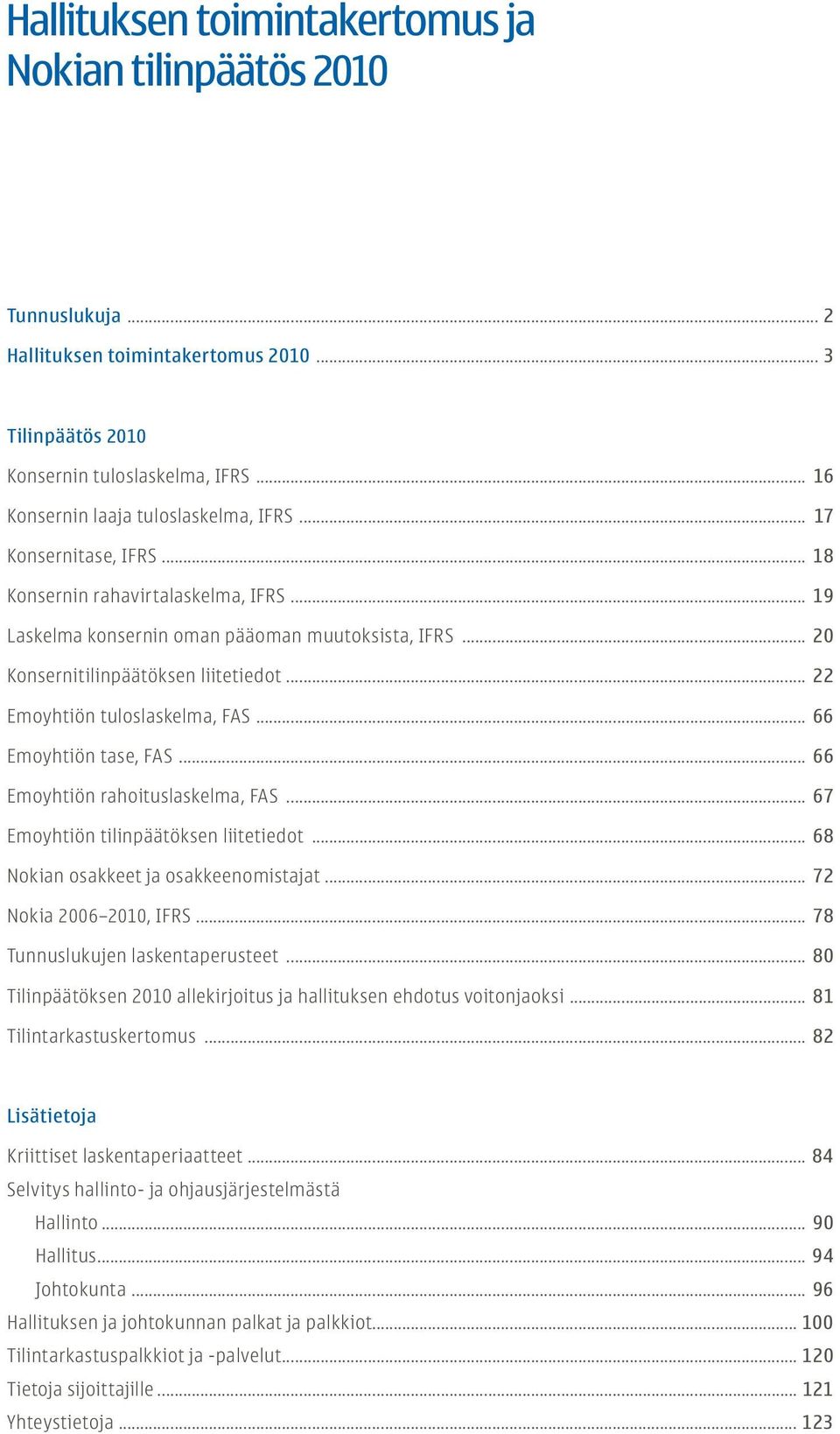 .. 66 Emoyhtiön tase, FAS... 66 Emoyhtiön rahoituslaskelma, FAS... 67 Emoyhtiön tilinpäätöksen liitetiedot... 68 Nokian osakkeet ja osakkeenomistajat... 72 Nokia 2006 2010, IFRS.