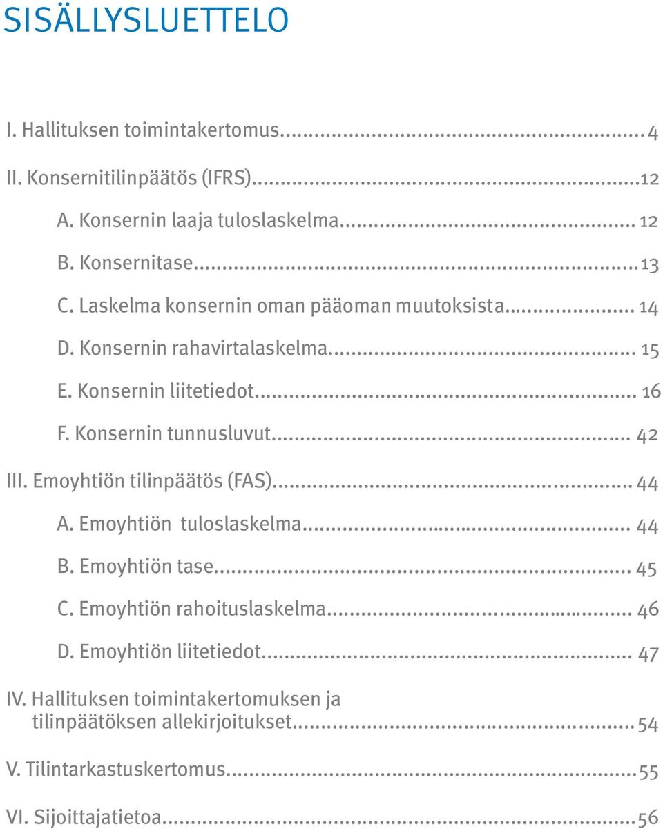 .. 42 III. Emoyhtiön tilinpäätös (FAS)... 44 A. Emoyhtiön tuloslaskelma... 44 B. Emoyhtiön tase... 45 C. Emoyhtiön rahoituslaskelma... 46 D.