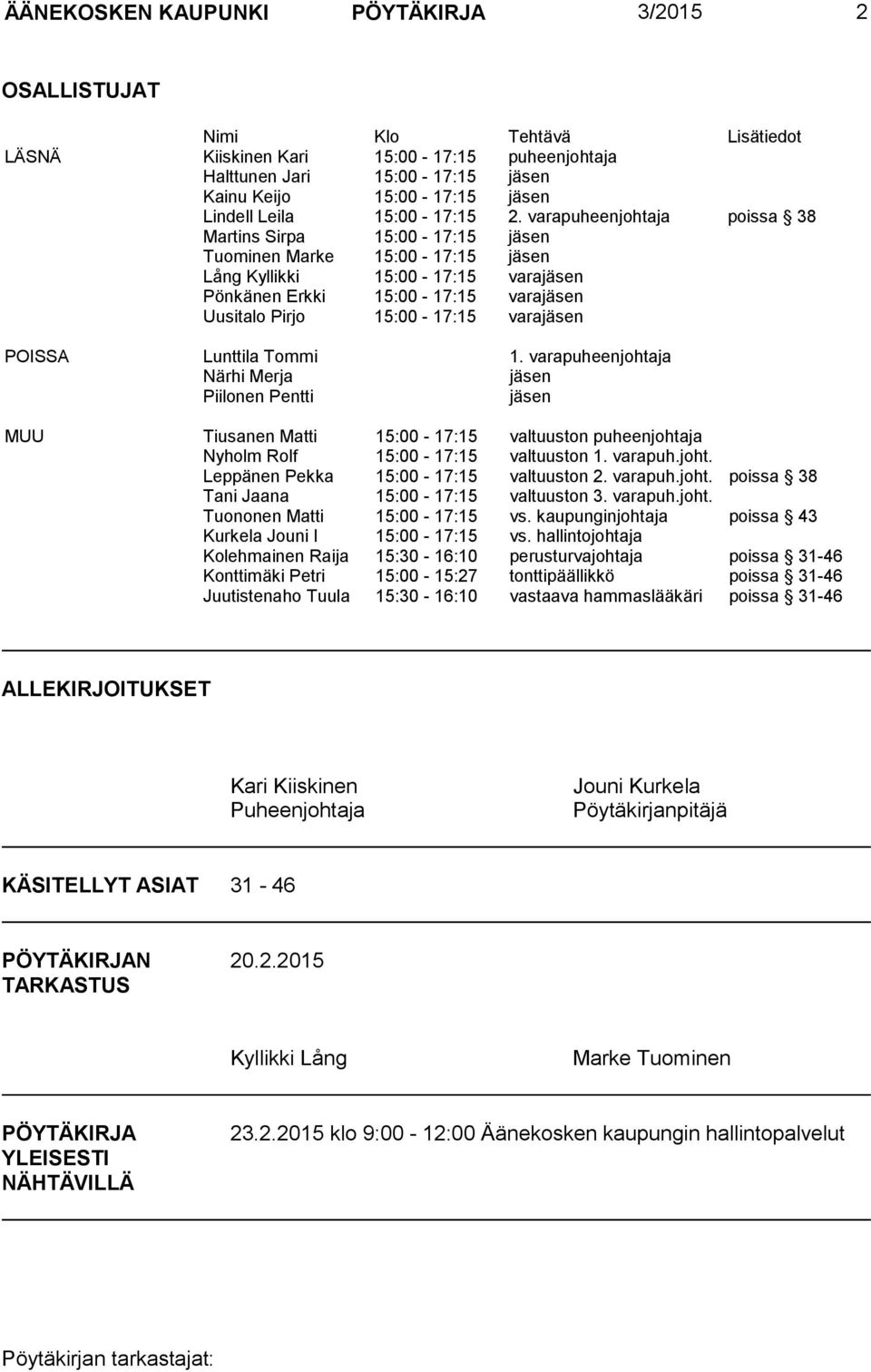 varapuheenjohtaja poissa 38 Martins Sirpa 15:00-17:15 jäsen Tuominen Marke 15:00-17:15 jäsen Lång Kyllikki 15:00-17:15 varajäsen Pönkänen Erkki 15:00-17:15 varajäsen Uusitalo Pirjo 15:00-17:15