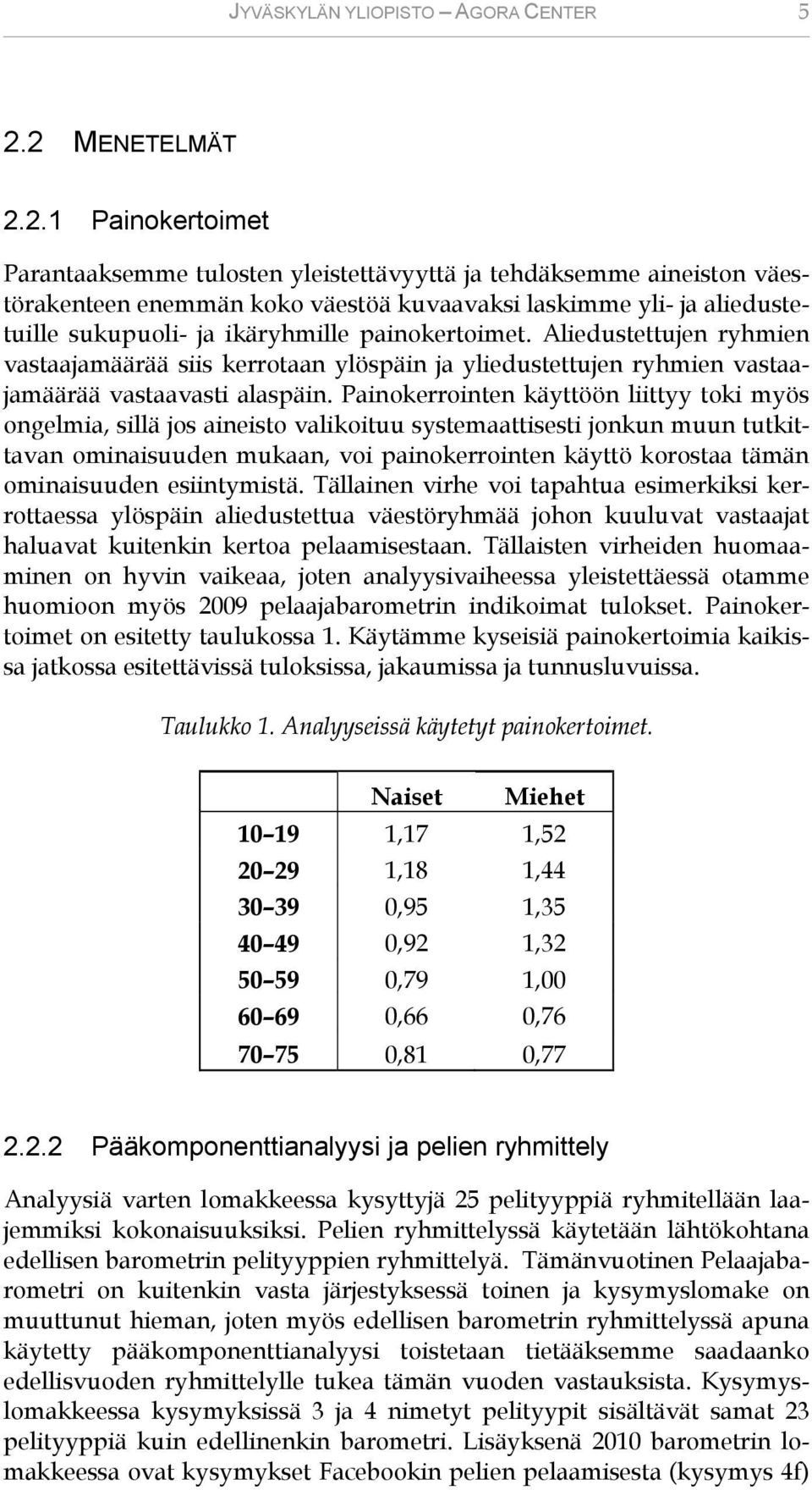 ikäryhmille painokertoimet. Aliedustettujen ryhmien vastaajamäärää siis kerrotaan ylöspäin ja yliedustettujen ryhmien vastaajamäärää vastaavasti alaspäin.