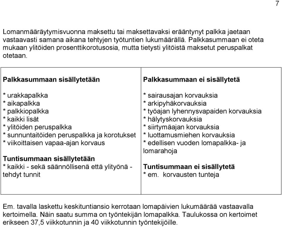 Palkkasummaan sisällytetään * urakkapalkka * aikapalkka * palkkiopalkka * kaikki lisät * ylitöiden peruspalkka * sunnuntaitöiden peruspalkka ja korotukset * viikoittaisen vapaa-ajan korvaus