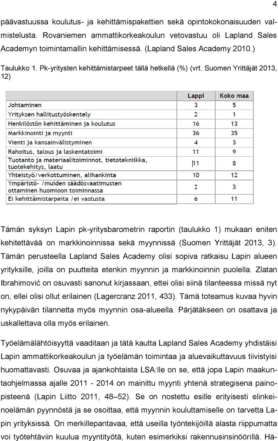 Suomen Yrittäjät 2013, 12) 4 Tämän syksyn Lapin pk-yritysbarometrin raportin (taulukko 1) mukaan eniten kehitettävää on markkinoinnissa sekä myynnissä (Suomen Yrittäjät 2013, 3).