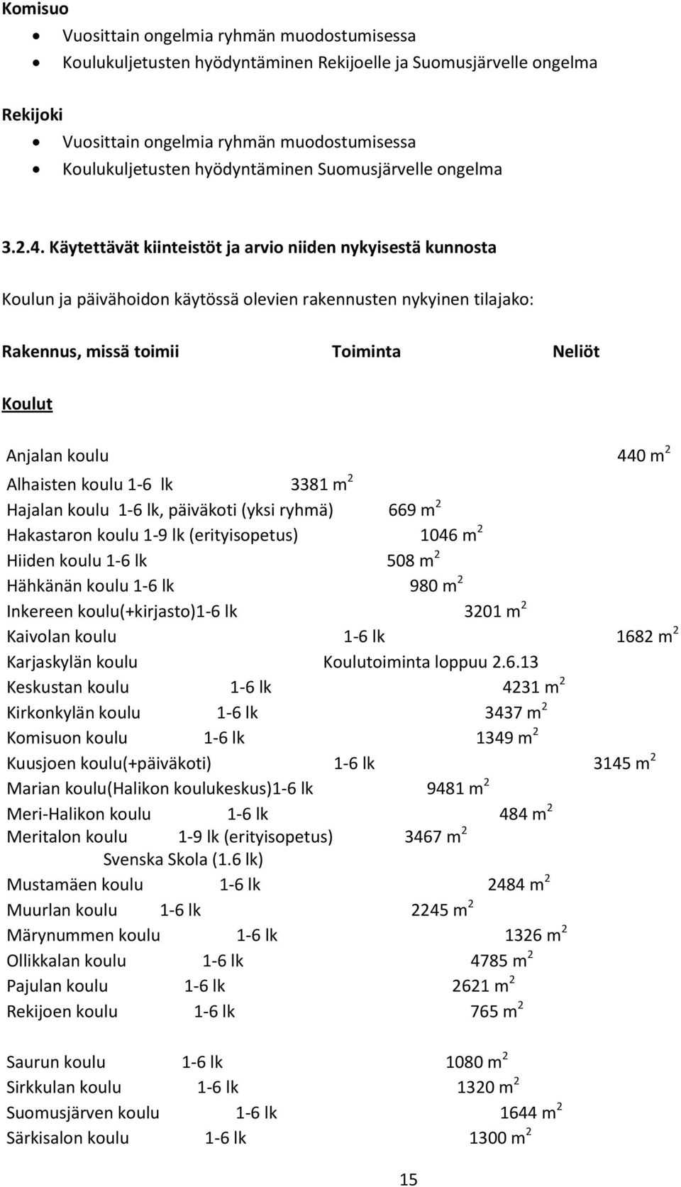 Käytettävät kiinteistöt ja arvio niiden nykyisestä kunnosta Koulun ja päivähoidon käytössä olevien rakennusten nykyinen tilajako: Rakennus, missä toimii Toiminta Neliöt Koulut Anjalan koulu 440 m 2