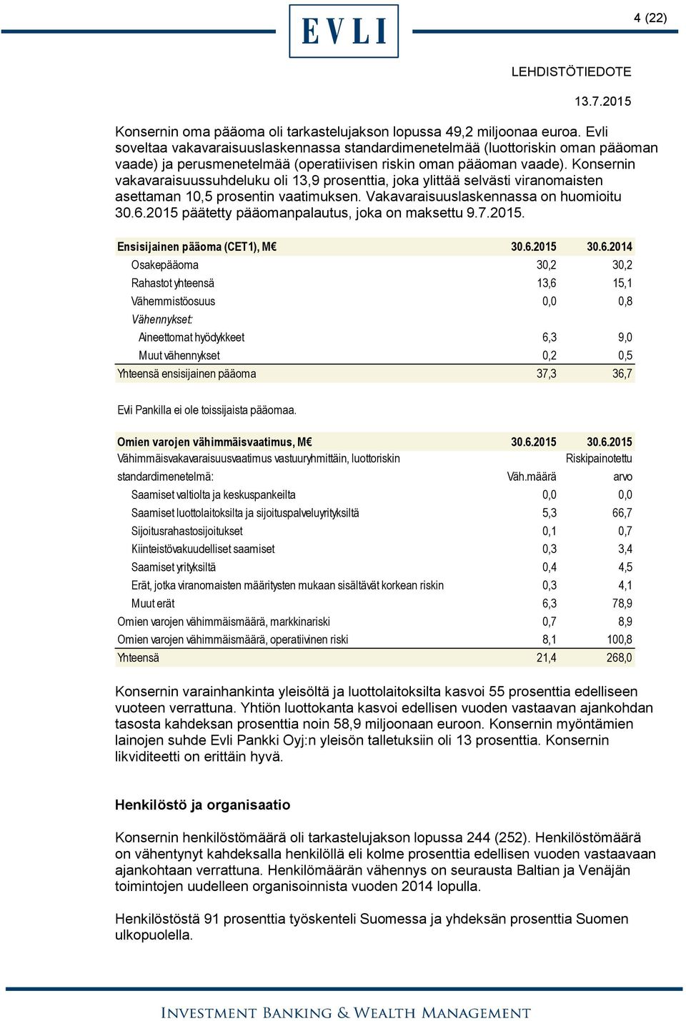 Konsernin vakavaraisuussuhdeluku oli 13,9 prosenttia, joka ylittää selvästi viranomaisten asettaman 10,5 prosentin vaatimuksen. Vakavaraisuuslaskennassa on huomioitu 30.6.