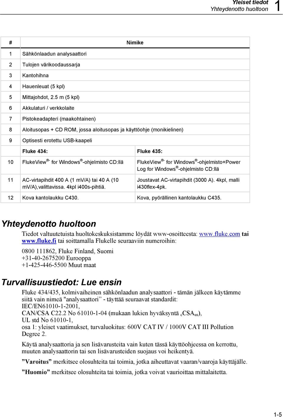 10 FlukeView - for Windows -ohjelmisto CD:llä FlukeView - for Windows -ohjelmisto+power Log for Windows -ohjelmisto CD:llä 11 AC-virtapihdit 400 A (1 mv/a) tai 40 A (10 mv/a),valittavissa.