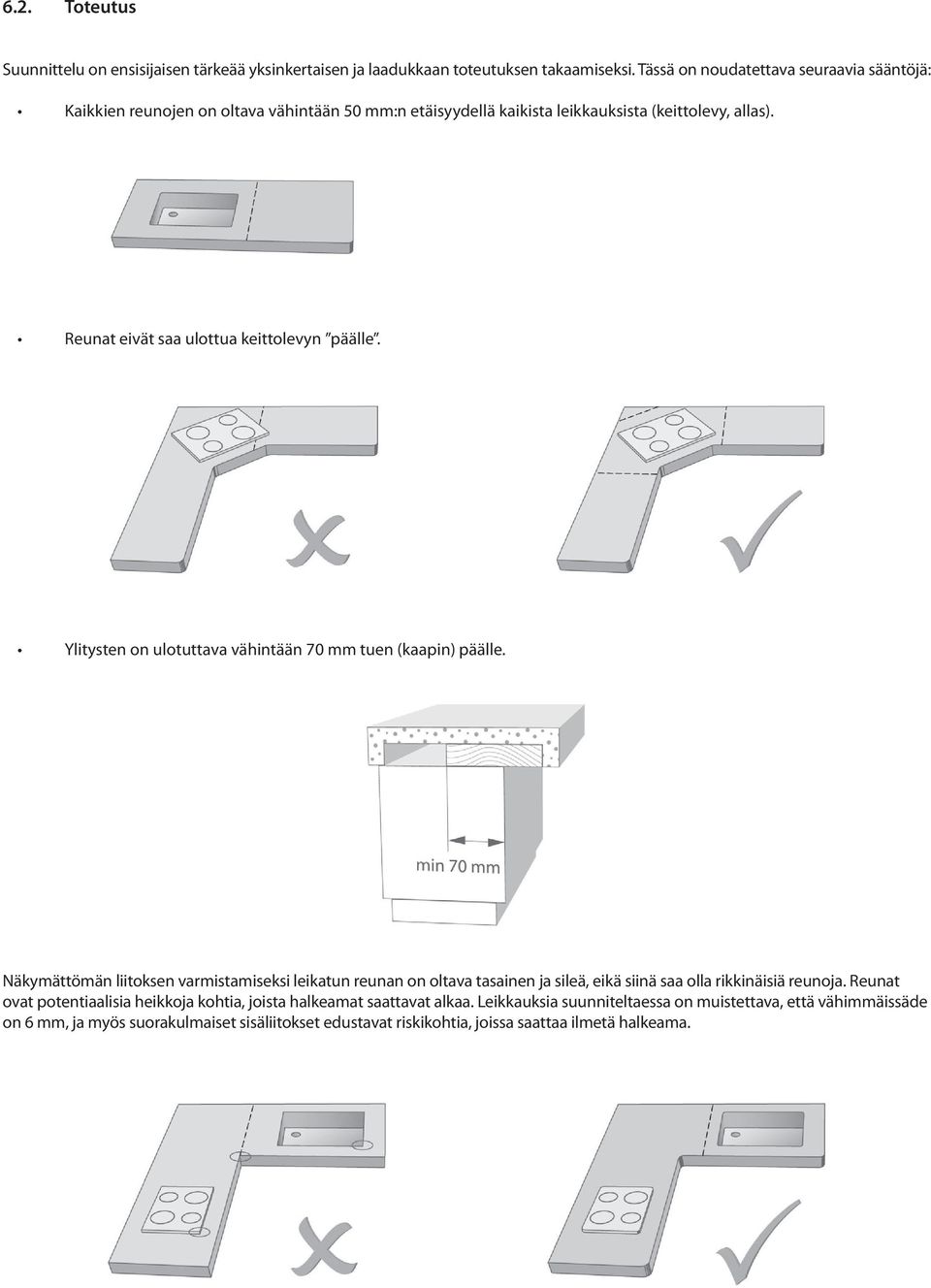 Reunat eivät saa ulottua keittolevyn päälle. Ylitysten on ulotuttava vähintään 70 mm tuen (kaapin) päälle.