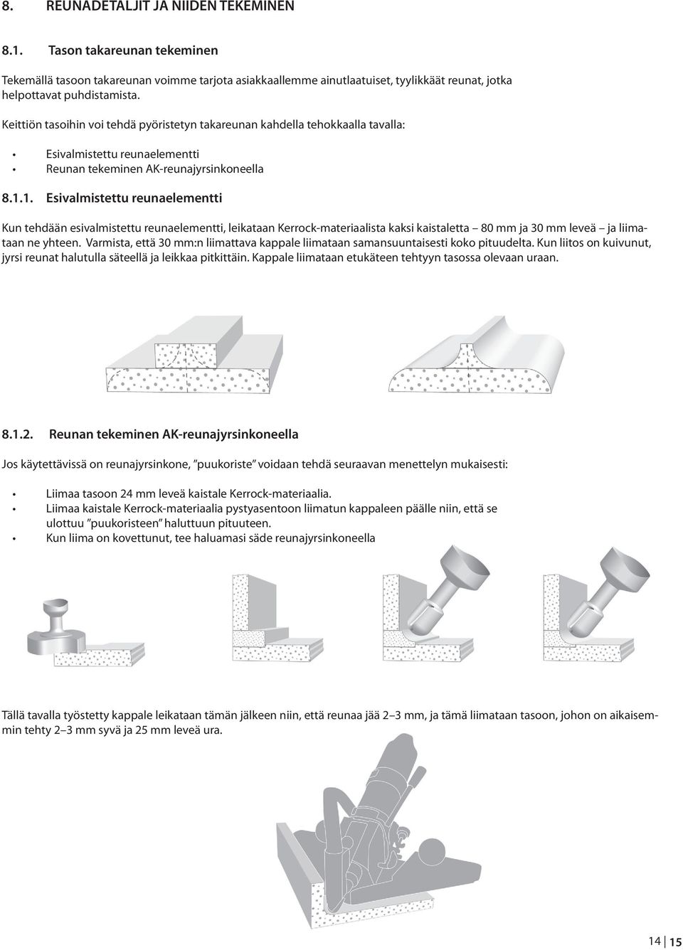 1. Esivalmistettu reunaelementti Kun tehdään esivalmistettu reunaelementti, leikataan Kerrock-materiaalista kaksi kaistaletta 80 mm ja 30 mm leveä ja liimataan ne yhteen.