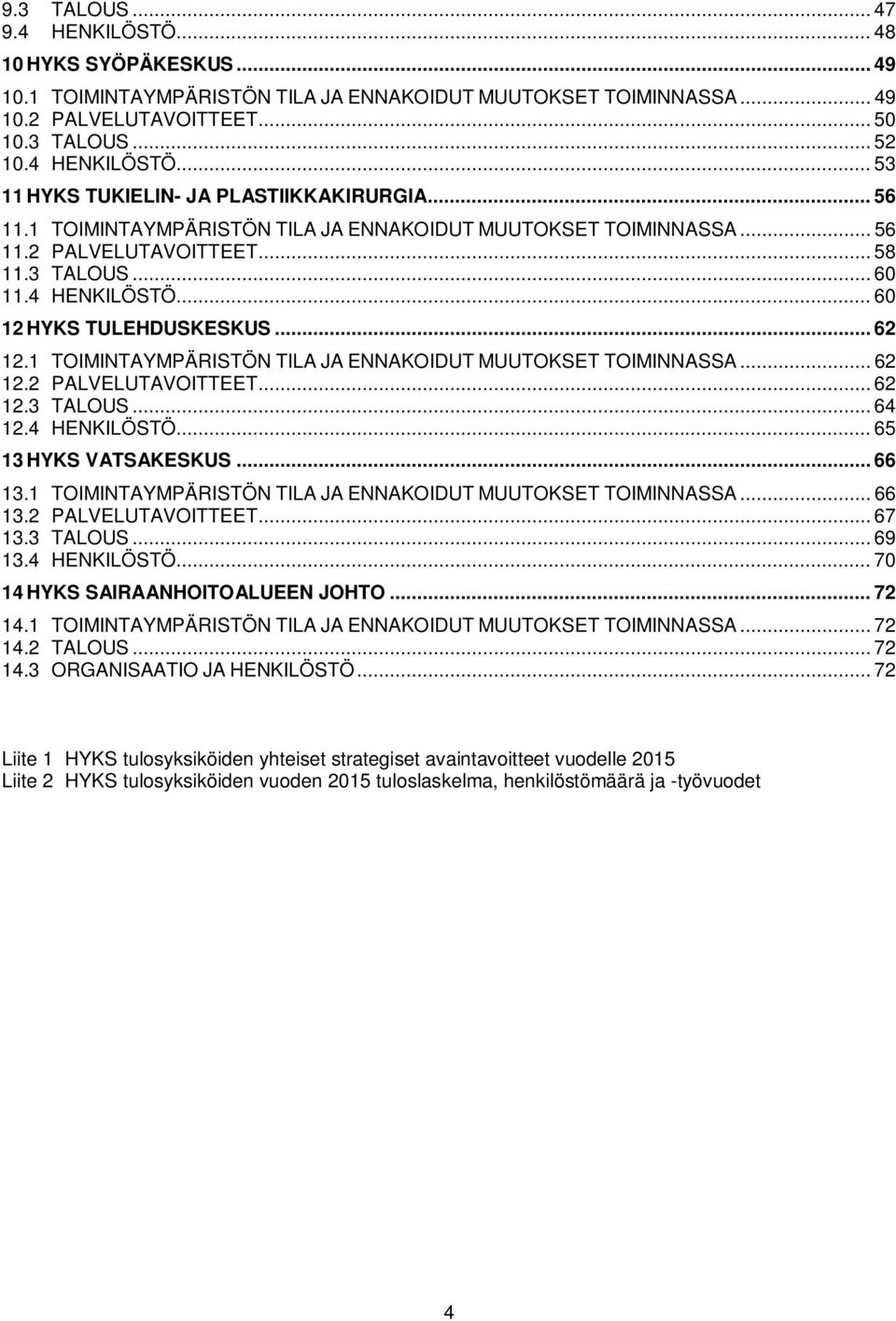 1 TOIMINTAYMPÄRISTÖN TILA JA ENNAKOIDUT MUUTOKSET TOIMINNASSA... 62 12.2 PALVELUTAVOITTEET... 62 12.3 TALOUS... 64 12.4 HENKILÖSTÖ... 65 13 HYKS VATSAKESKUS... 66 13.