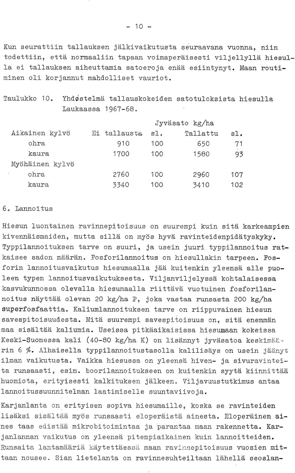 ohra 910 100 650 71 kaura 1700 100 1580 93 Myöhäinen kylvö ohra 2760 100 2960 107 kaura 3340 100 3410 102 6.