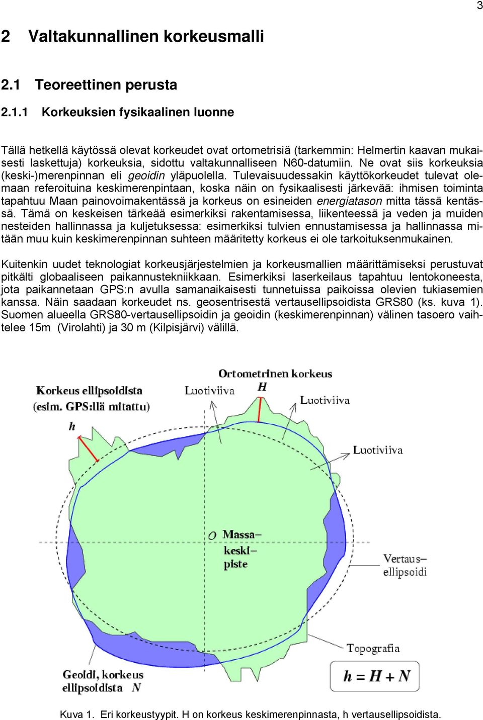 1 Korkeuksien fysikaalinen luonne Tällä hetkellä käytössä olevat korkeudet ovat ortometrisiä (tarkemmin: Helmertin kaavan mukaisesti laskettuja) korkeuksia, sidottu valtakunnalliseen N60-datumiin.